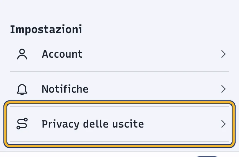 Schermata Profilo di DoctorBau con la sezione Impostazioni; evidenziato «Privacy delle uscite».