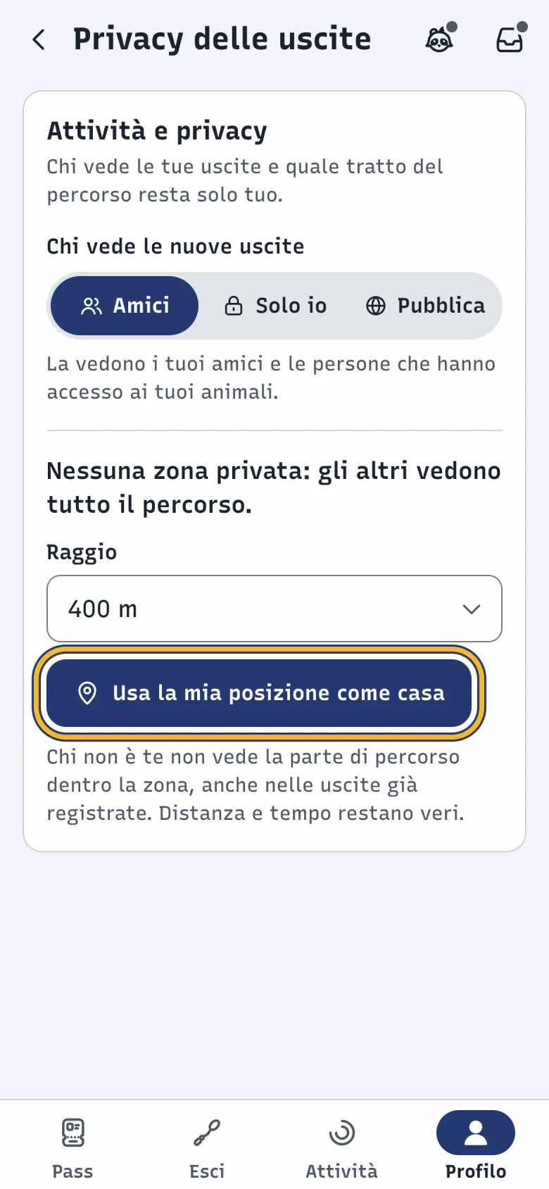 Schermata Privacy delle uscite di DoctorBau con raggio e zona privata; evidenziato «Usa la mia posizione come casa».